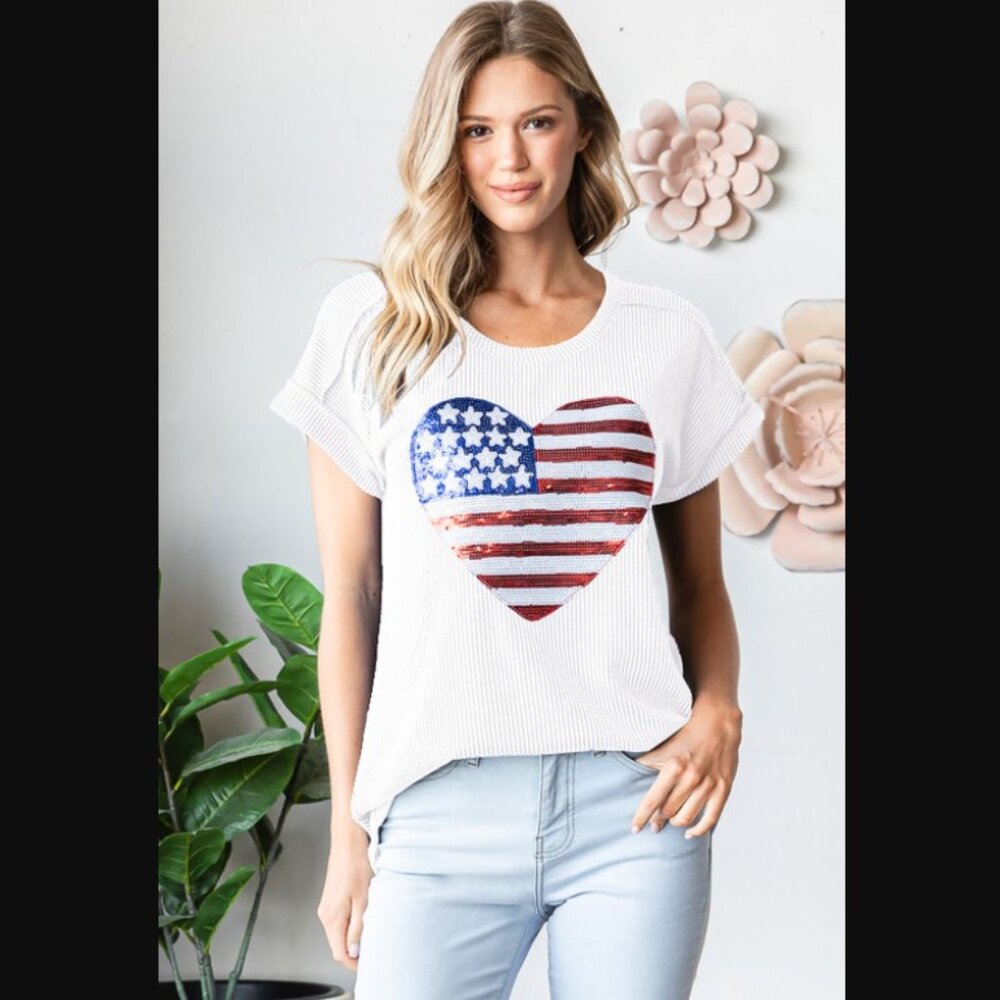 "Braveheart" HEIMISH Sequin Heart American Flag White Short Sleeve Ribbed Top